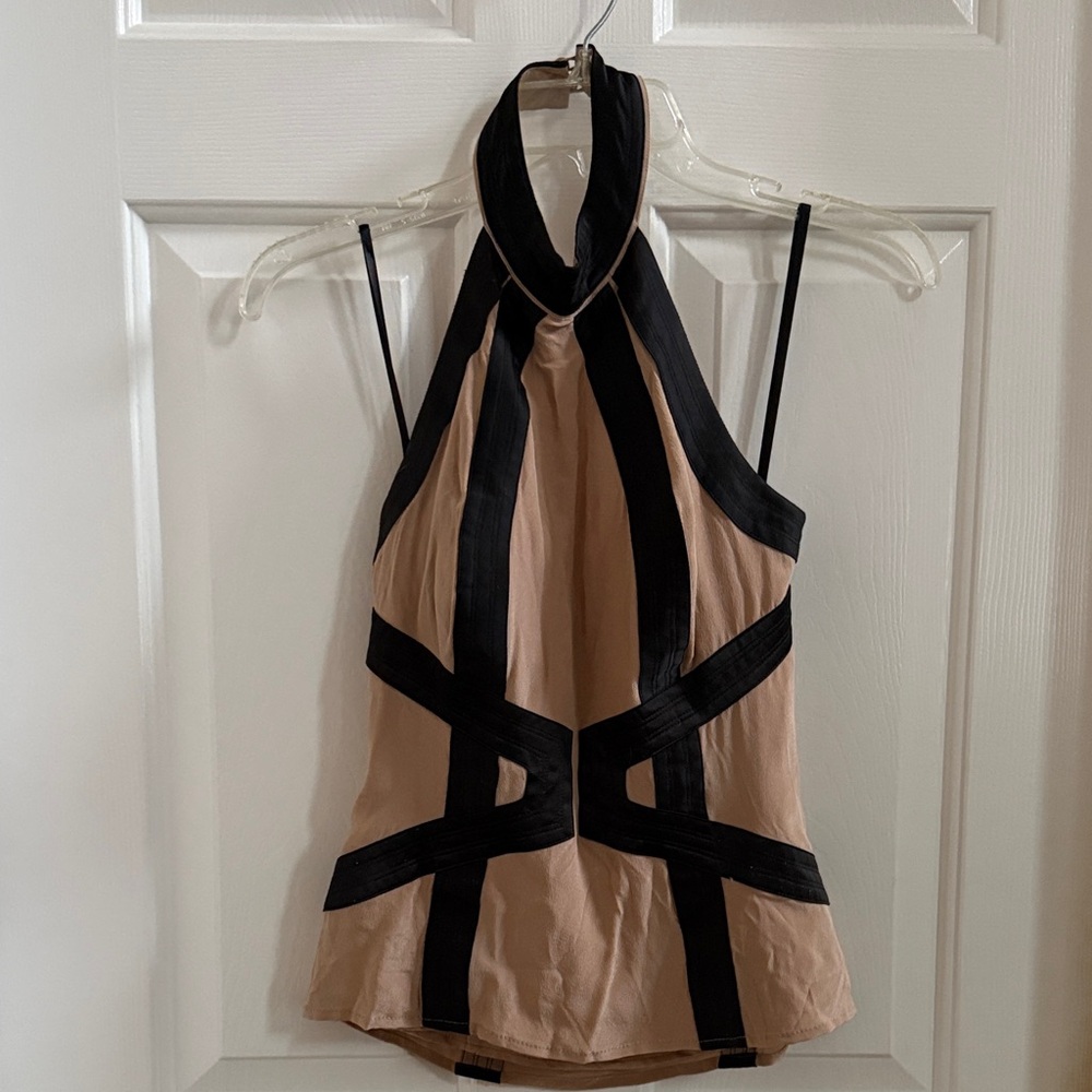 Bebe Black & Tan Silk Halter Top